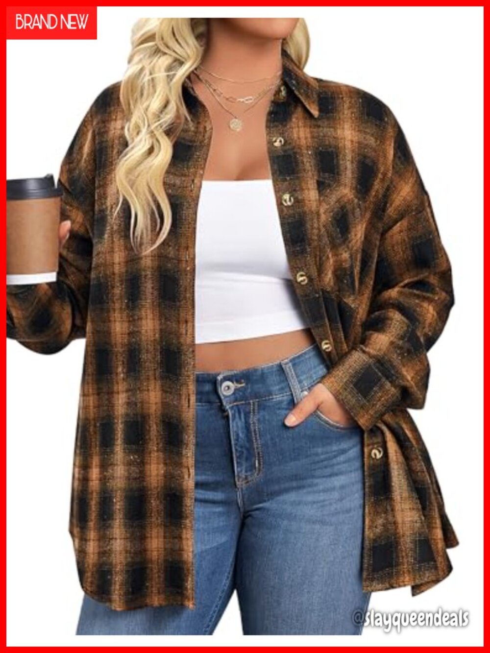 Womens Plus Size Flannel Shirt Long Sleeve Button Down Plaid Top